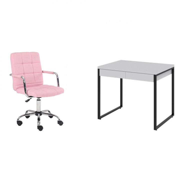 Conjunto de Mesa Kuadra 2 GV Branca com Cadeira de Escritório Secretária Giratória Fitz Rosa