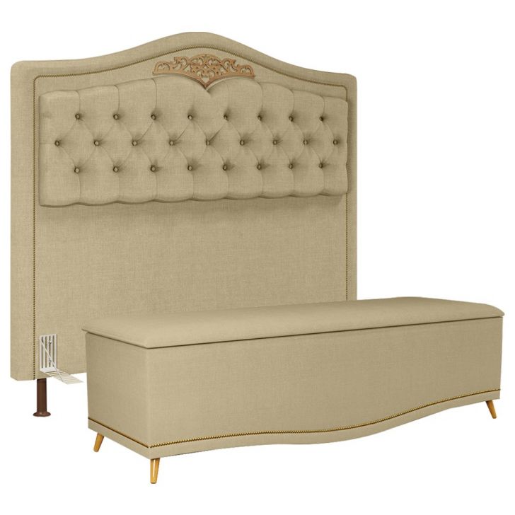 Cabeceira Cama Box Casal Queen 160cm Com Calçadeira Baú Imperial J02 Linho Areia - Mpozenato