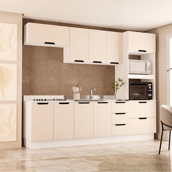 Cozinha Compacta sem Tampo com Rodapé Meena 10 Portas 4 Gavetas Creme e Branca