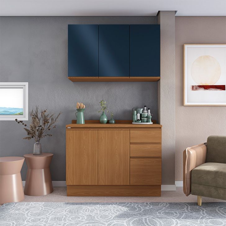 Cozinha Compacta Valence 5 Portas 3 Gavetas Canela e Azul