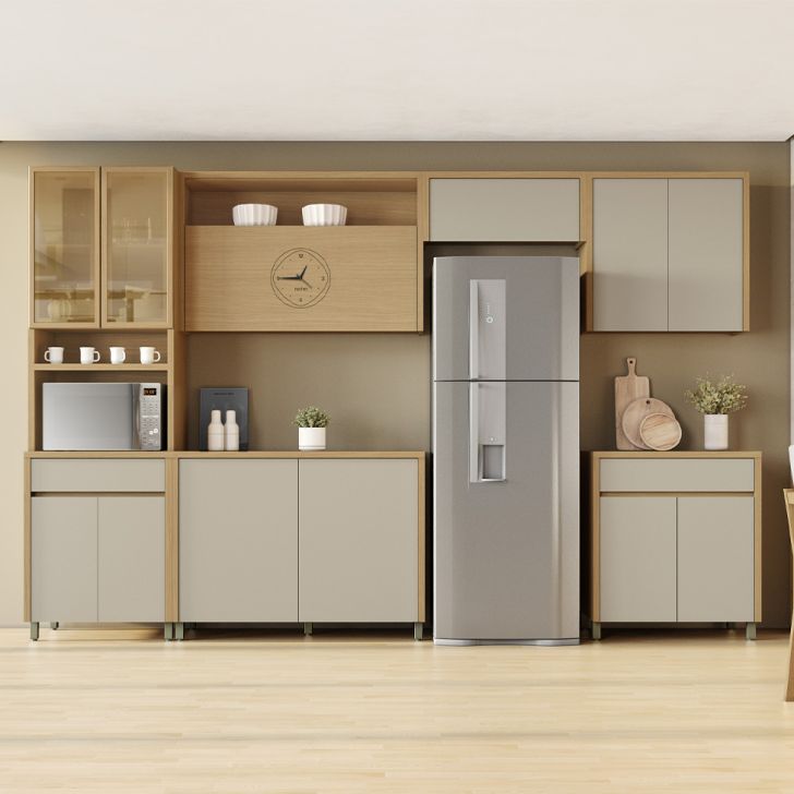 Cozinha Compacta Condessa com Vidro Reflecta e Relógio 12 Portas 2 Gavetas Carvalho e Greige