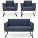 Sofá Namoradeira e 2 Poltronas Base Industrial Preto Ana Suede Azul Marinho - Ibiza