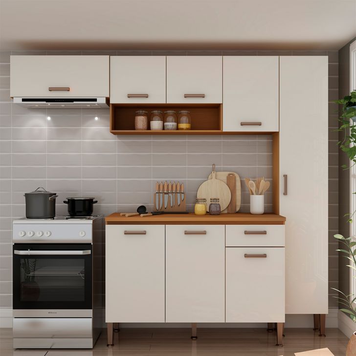 Cozinha Compacta Essência 100% MDF 8 Portas 1 Gaveta Freijó e Off White 225 cm