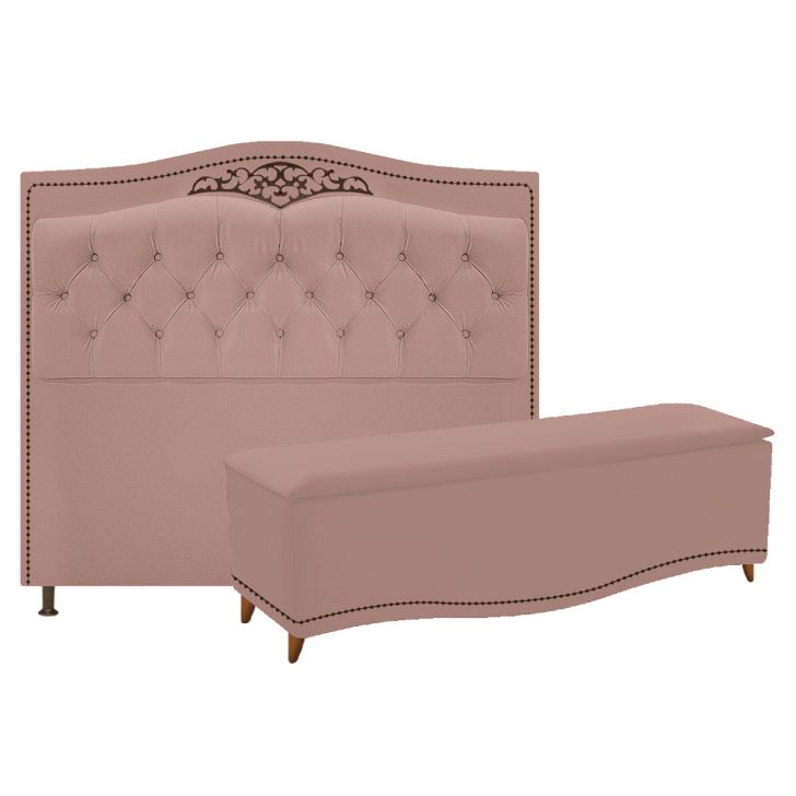 Kit Cabeceira e Calçadeira Yasmim 140 cm Casal Suede Rosê - Amarena Móveis
