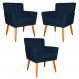 Kit 3 Poltronas Decorativa para Sala de Estar Cecília Suede Azul Marinho - Montanaris Decor