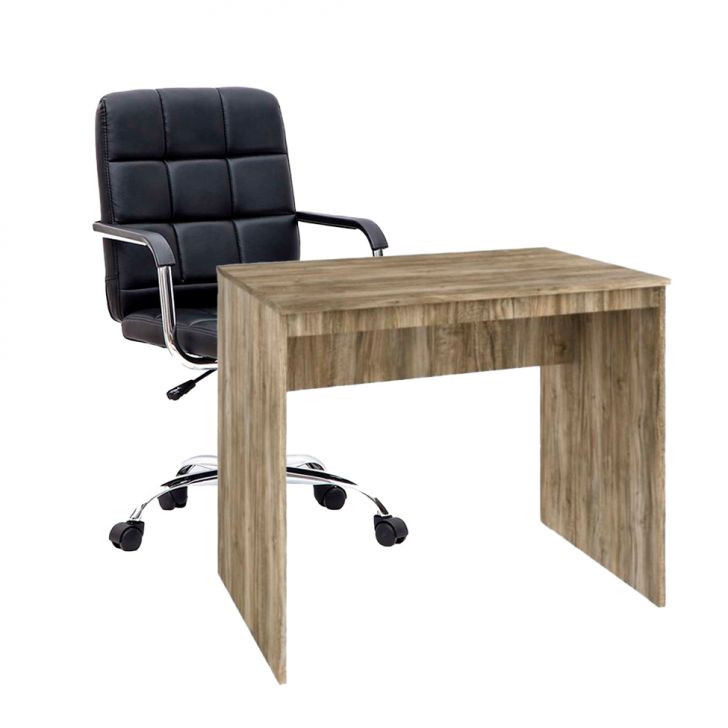 Conjunto de Mesa Office Carvalho com Cadeira de Escritório Secretária Giratória Fitz Preta