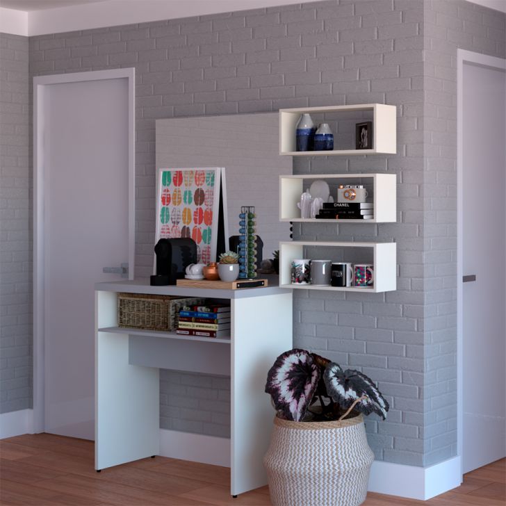 Conjunto de Aparador e 3 Nichos Balin Branco e Cinza Cristal