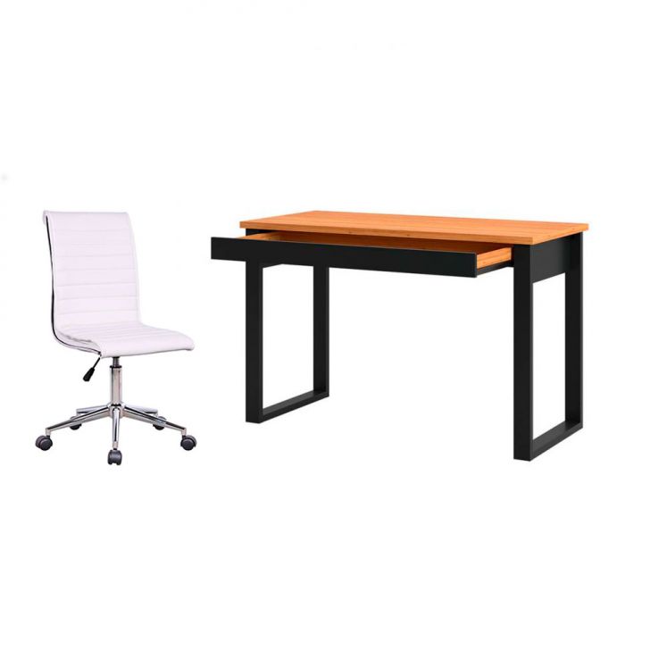 Conjunto de Mesa Anah 1 GV Freijó e Preta com Cadeira de Escritório Secretária Giratória Marilyn Branca
