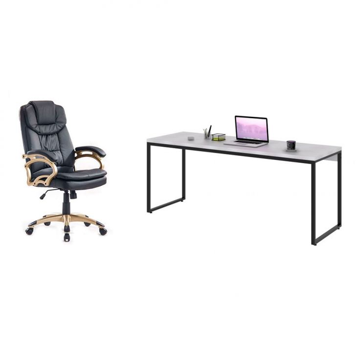 Conjunto de Mesa Studio Branca 180 cm com Cadeira de Escritório Presidente Giratória com Relax Clark Preta e Dourada