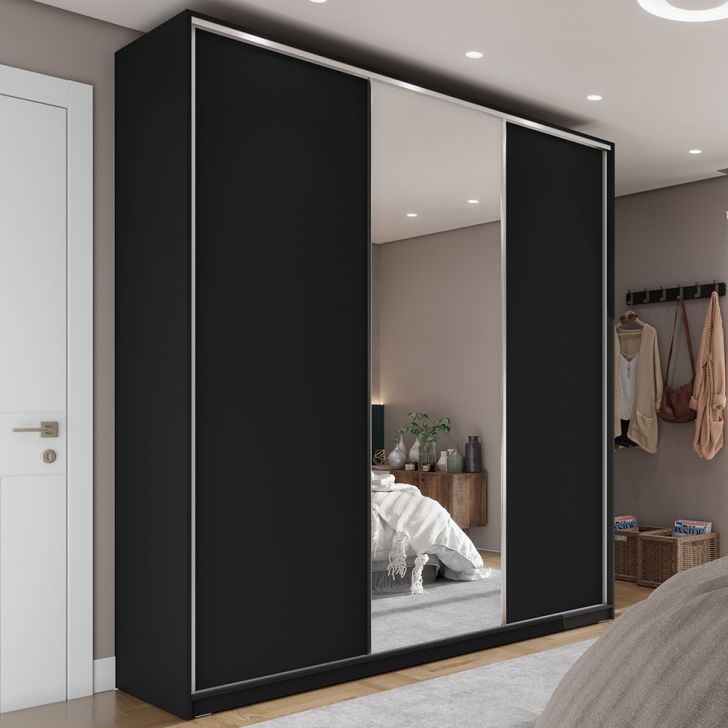 Image of Guarda-roupa Solteiro Com Espelho Zermatt 100% Mdf  3 Portas 3 Gavetas Preto PLA-RR985CL05AVQMOB
