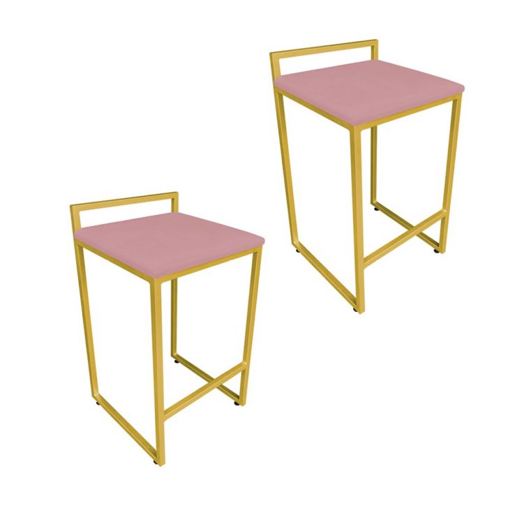 Conjunto 02 Banquetas Pietra Suede Rose Base Dourado D'Rossi