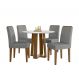Conjunto de Mesa Redonda com Tampo de Vidro Off White Isabela e 4 Cadeiras Amanda Linho Cinza Claro e Ypê