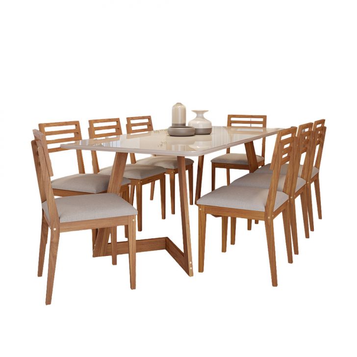 Conjunto De Mesa Retangular Com Tampo De Vidro Off White Caju E 8 Cadeiras Juparanã Linho Bege E Cinamomo