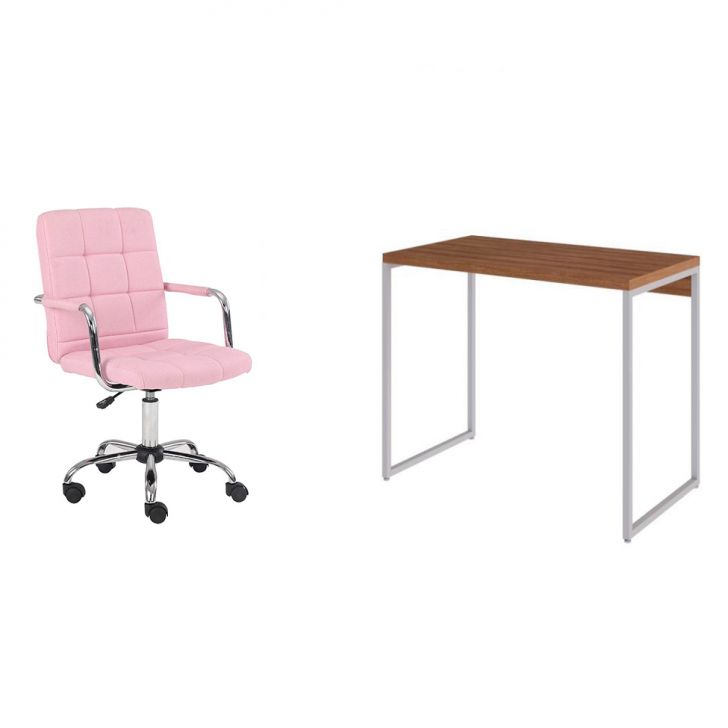 Conjunto de Mesa Studio Mel e Branca com Cadeira de Escritório Secretária Giratória Fitz Rosa