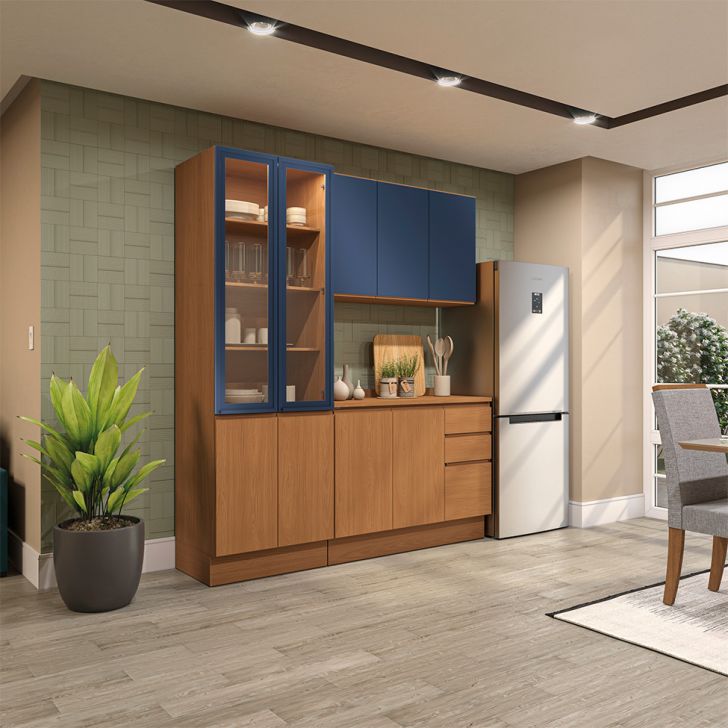 Cozinha Compacta Valence 9 Portas 3 Gavetas Canela e Azul
