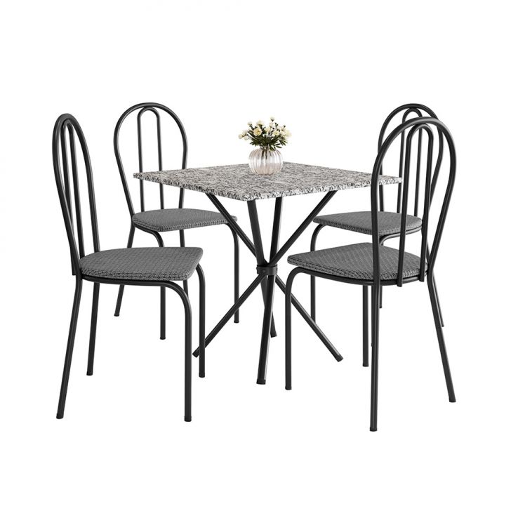 Conjunto de Mesa Quadrada com Tampo Granito e 4 Cadeiras Léia Revestimento Sintético Preto e Platina