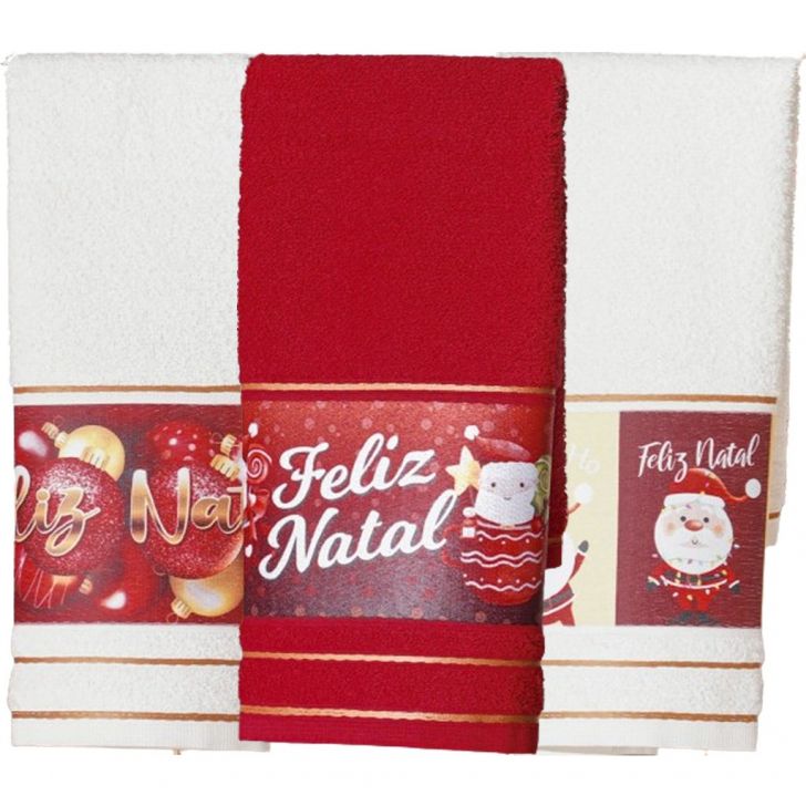 Kit 3 Toalha Lavabo Natalina Jacquard 30x45cm Creme/Vermelho