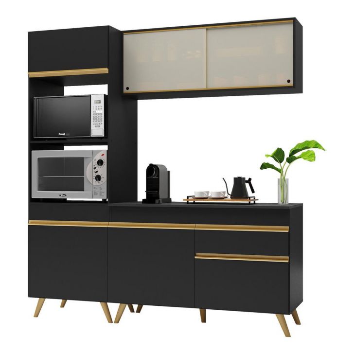 Armário de Cozinha Compacta 182cm Veneza Multimóveis V3695 Preto/Dourado