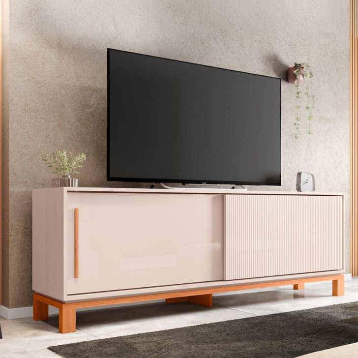 Rack Ripado para TV até 65 Polegadas Mondrian 2 Portas Off White e Freijó