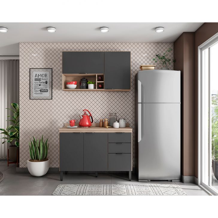 Cozinha Compacta Firenze II 5 Portas 2 Gavetas Avena e Grafito