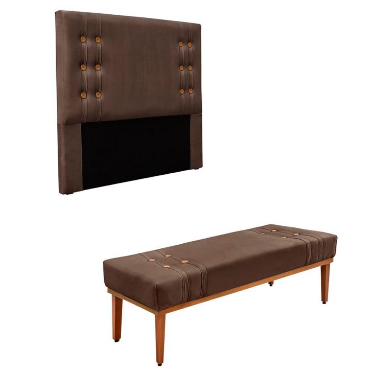 Conjunto de Cabeceira Casal com Recamier Gênova Veludo Marrom