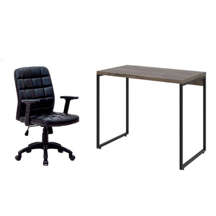 Conjunto de Mesa Studio Marrom Escuro com Cadeira de Escritório Diretor Giratória Fitz com Braços Ajustáveis Preta
