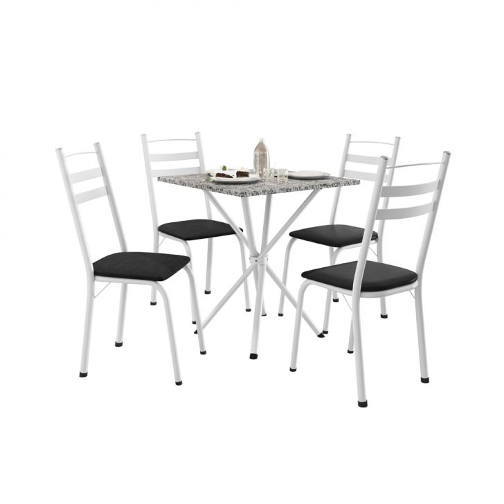 Conjunto De Mesa Quadrada Com Tampo Granito E 4 Cadeiras Léia Revestimento Sintético Preto E Branco