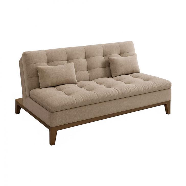 Sofá-Cama Casal 3 Lugares Premium Base e Pés de Madeira Linho Bege