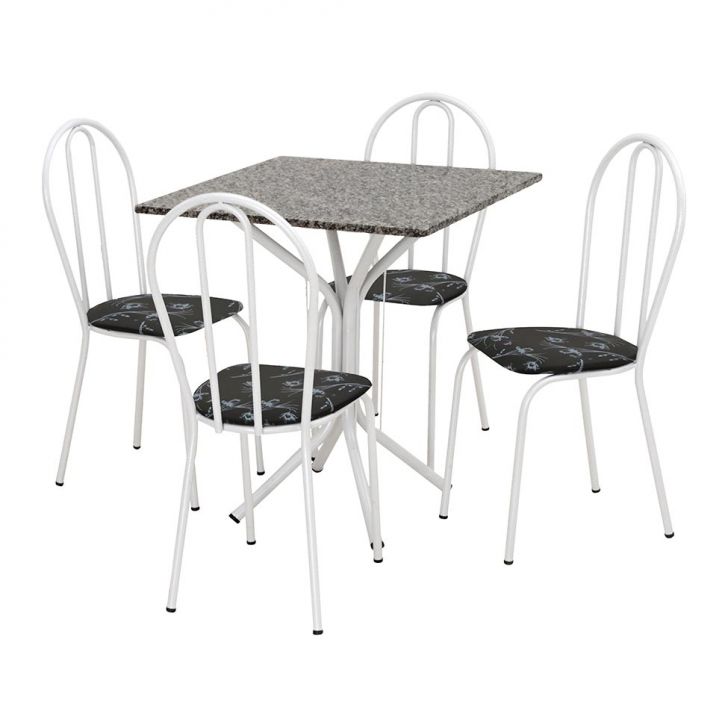 Conjunto De Mesa Thais Com 4 Cadeiras Branca Preto Flor
