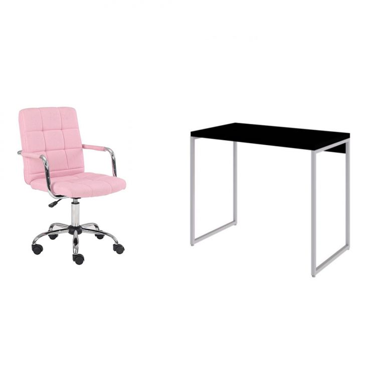 Conjunto de Mesa Studio Preta e Branca com Cadeira de Escritório Secretária Giratória Fitz Rosa