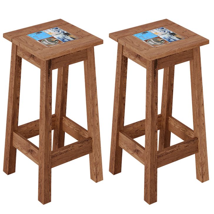 Kit 02 Banquetas Altas De Madeira Maciça Pinus Com Cerâmica Vintage Rústica W02 Imbuia - Lyam Decor