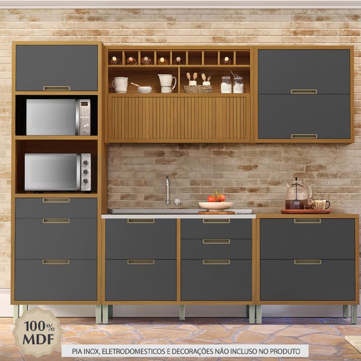 Cozinha Compacta Imperatriz 6 Portas 8 Gavetas Freijó e Grafite