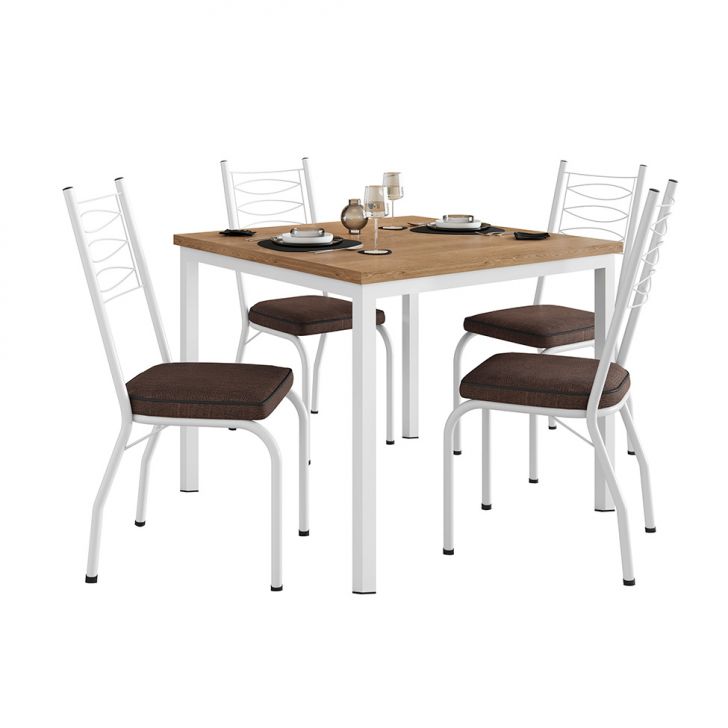 Conjunto De Mesa Quadrada Com Tampo Mdp E 4 Cadeiras Adriana Revestimento Sintético Marrom E Branco