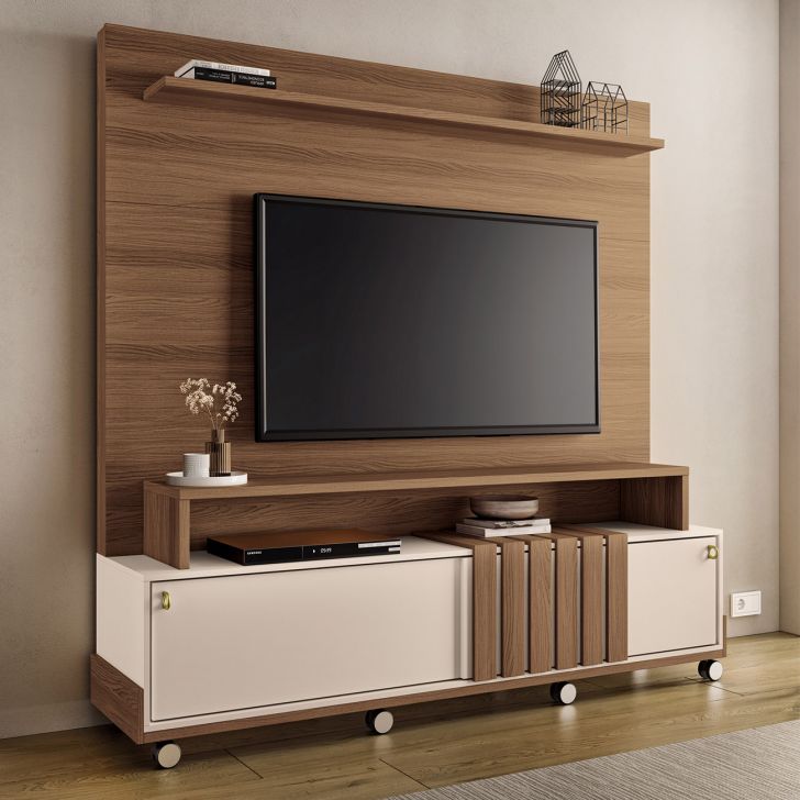 Estante Painel de TV 65 Pol 180cm 2 Portas Bold Castanho/Off White - HB Móveis