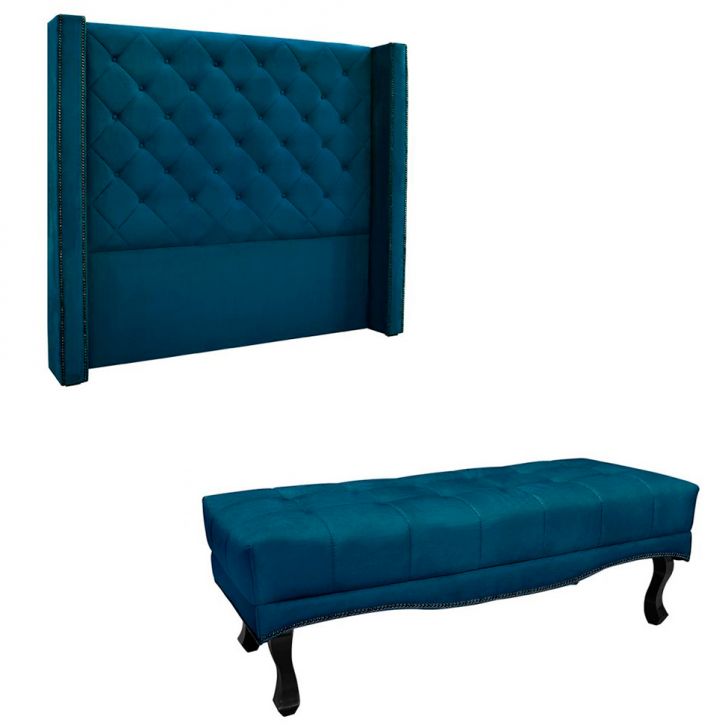 Conjunto de Cabeceira Solteiro com Recamier Vicenza Veludo Azul Marinho