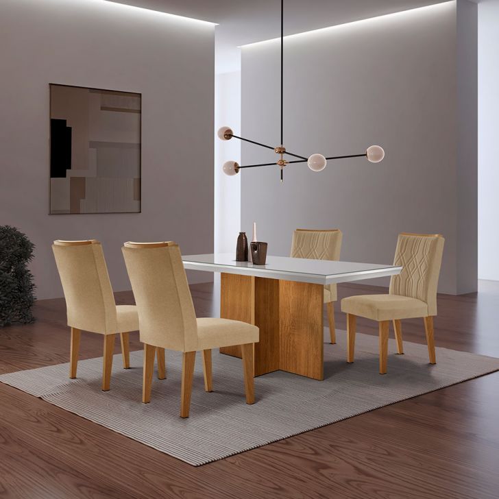Conjunto De Mesa De Jantar Retangular Com Tampo De Vidro Off White Berlim E 4 Cadeiras Alegra Linho Bege E Imbuia