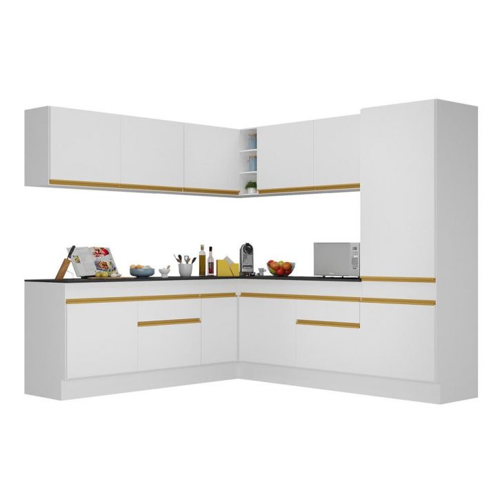 Armário de Cozinha Completa de Canto com Rodapé Veneza Multimóveis V2101  Branco/Dourado