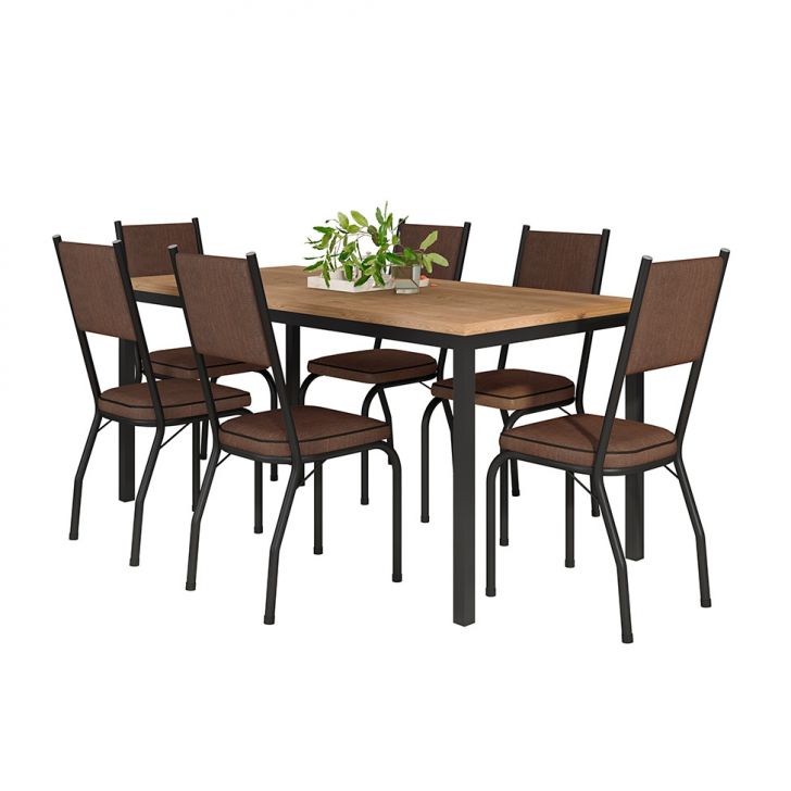 Conjunto De Mesa Retangular Com Tampo De Mdp Amadeirado E 6 Cadeiras Adriana Ii Revestimento Sintético Imbuia E Preto
