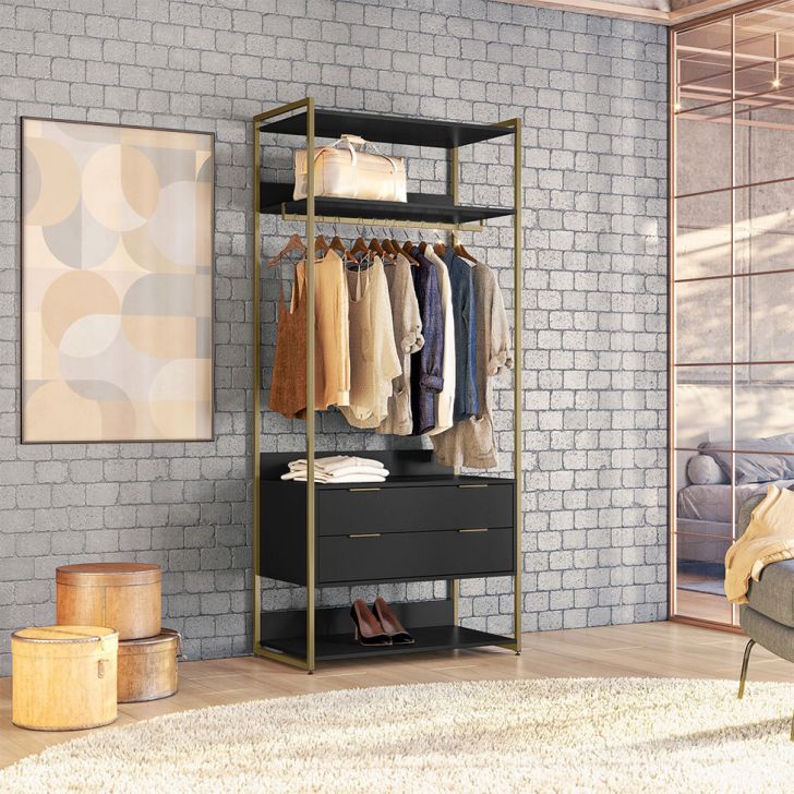 Guarda-roupa Closet Industrial Mital Com Cabideiro 2 Gavetas Preto E Dourado