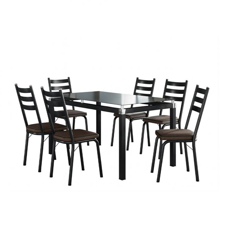 Conjunto De Mesa Retangular Com Tampo De Vidro Malva E 6 Cadeiras New Revestimento Sintético Imbuia E Preto