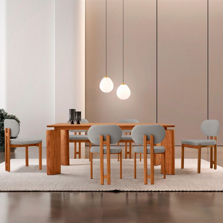 Mesa De Jantar Retangular Com Tampo Laminado E 6 Cadeiras Aimê Linho Cinza Claro E Imbuia Natural