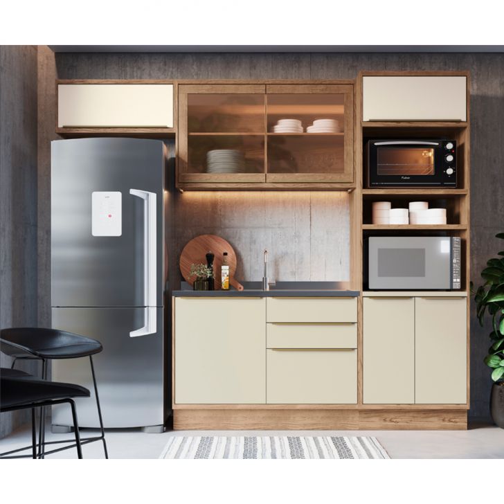 Cozinha Completa Ten com Vidro 7 Portas 3 Gavetas Freijó e Argila