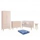Dormitório Theo 2 Portas, Cômoda 6 Gavetas, Berço, Mesa de Canto Rosa Fosco com Pés Madeira Natural e Colchão - Reller Móveis