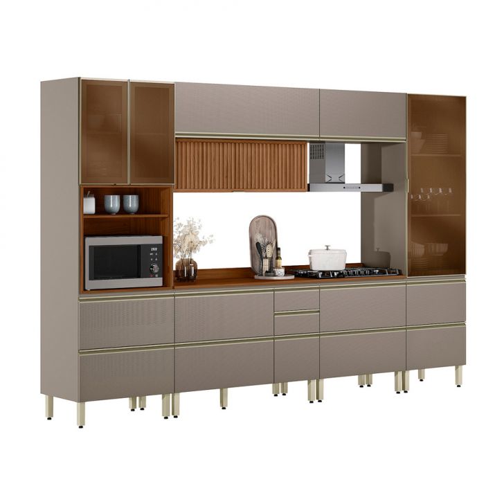 Armário de Cozinha Compacta com Vidro Reflecta Proença Ripado 8 Portas 9 Gavetas Nude e Nogueira