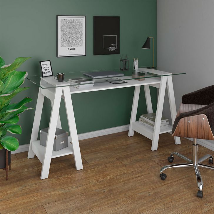 Escrivaninha Cristal com Tampo de Vidro Branca