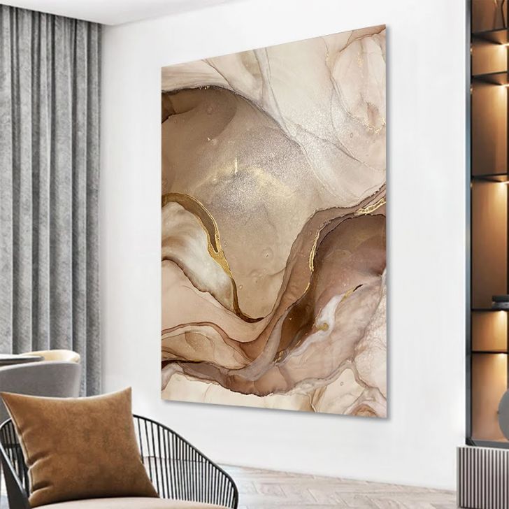 Quadro Decorativo Marmoreado Claro, com Moldura Caixa, na posição Vertical, ideal para ambiente de Sala, Quarto e Escritorio  (90x70cm)