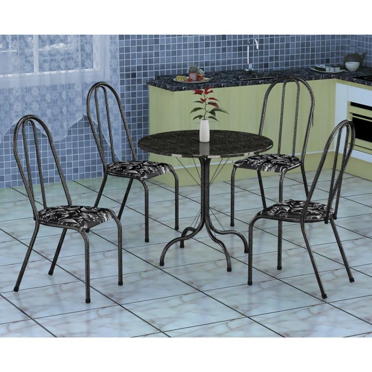 Conjunto De Mesa Alicante Com 4 Cadeiras Alicante Preto Prata E Preto Floral