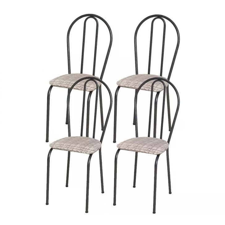 Kit 04 Cadeiras Tubular Cromo Preto 004 Assento Rattan