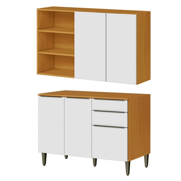 Conjunto Armário Aéreo e Balcão 120cm 100% MDF Luna Cinamomo/Branco