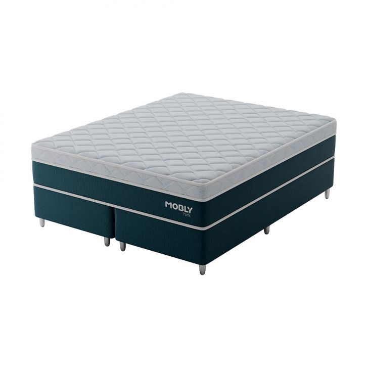Cama Box Queen York Com Colchão Molas Ensacadas (61x158x198) Azul E Branca